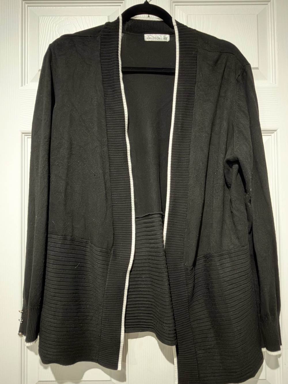 89th & Madison Black Open-Front Cardigan with White Trim